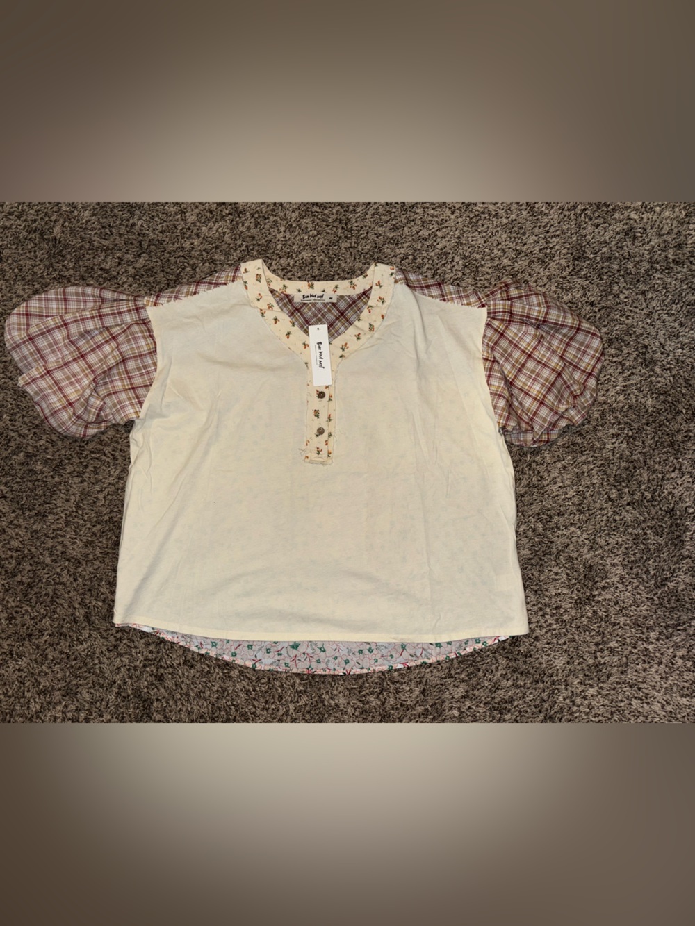 Three Bird Nest Cream Top with Plaid Puff Sleeves
